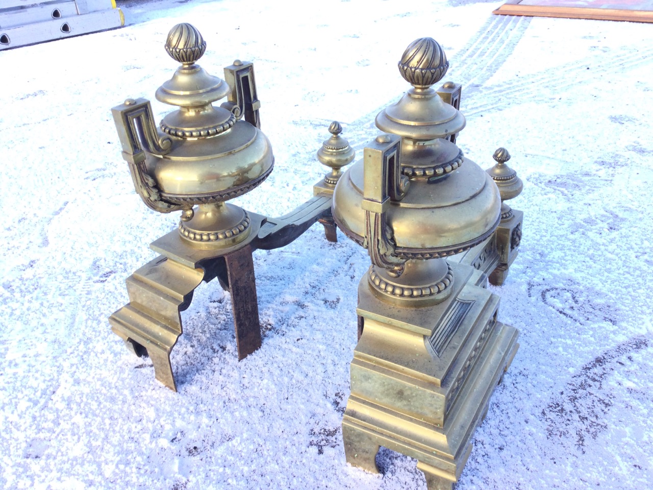 A pair of nineteenth century classical brass chenets with urns having acanthus scrolled handles on - Image 2 of 3