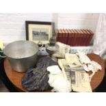 Miscellaneous items including a 1928 framed photo of Scremerston Garage, a jam pan, lace baby