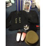 Two World War II Royal Artillery caps by Herbert Johnson; a merchant seamans uniform with candelabra