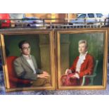 Roland, oil on canvas, a pair, contemporary waist portraits of a seated couple, in gilded cushion