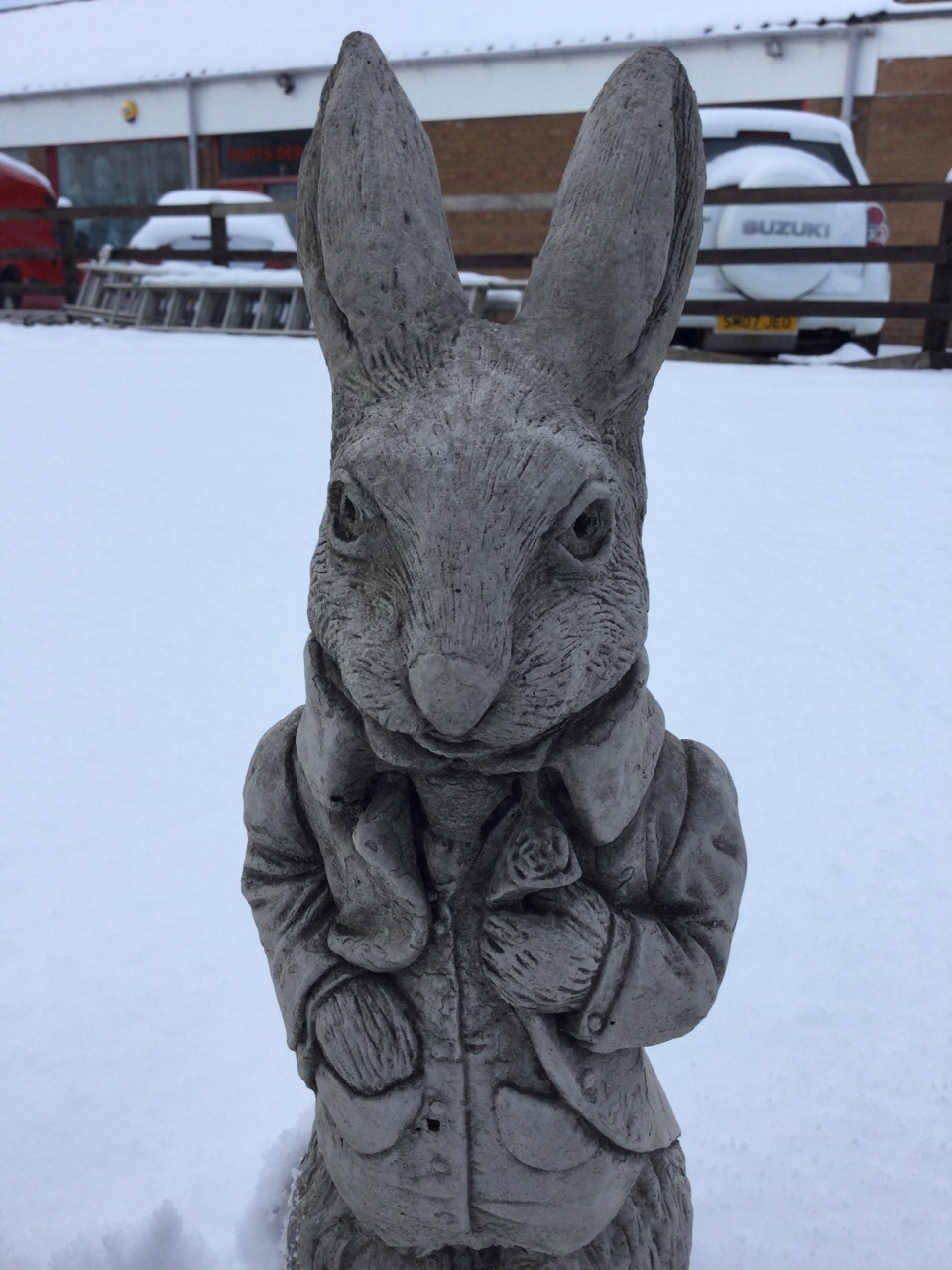 A pair of composition stone Beatrix Potter/Alice in Wonderland type rabbits, the beasts in jackets - Image 3 of 3