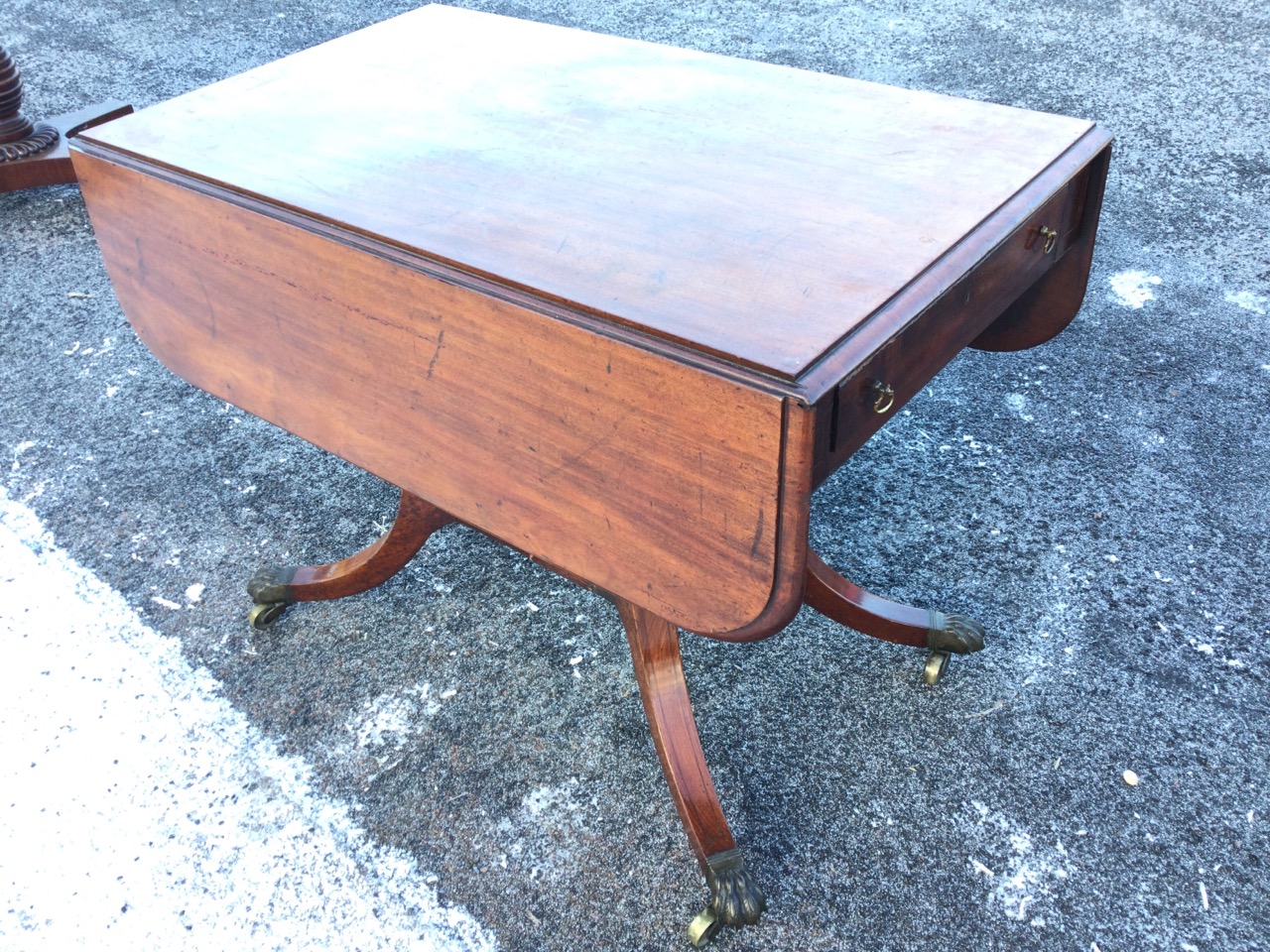 A nineteenth century mahogany sofa table, the rectangular moulded top with D-shaped drop leaves - Image 2 of 3