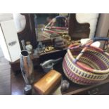 Miscellaneous items including a cloisonné vase, a Simlex press, brass ornaments, embroidered mats,