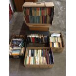 Five boxes of books - hardback and paperbacks, biographies, thrillers, novels, dictionaries, a