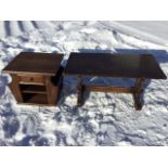 An oak Weber style side table with magazine racks, drawer and shelves below; and a similar oak