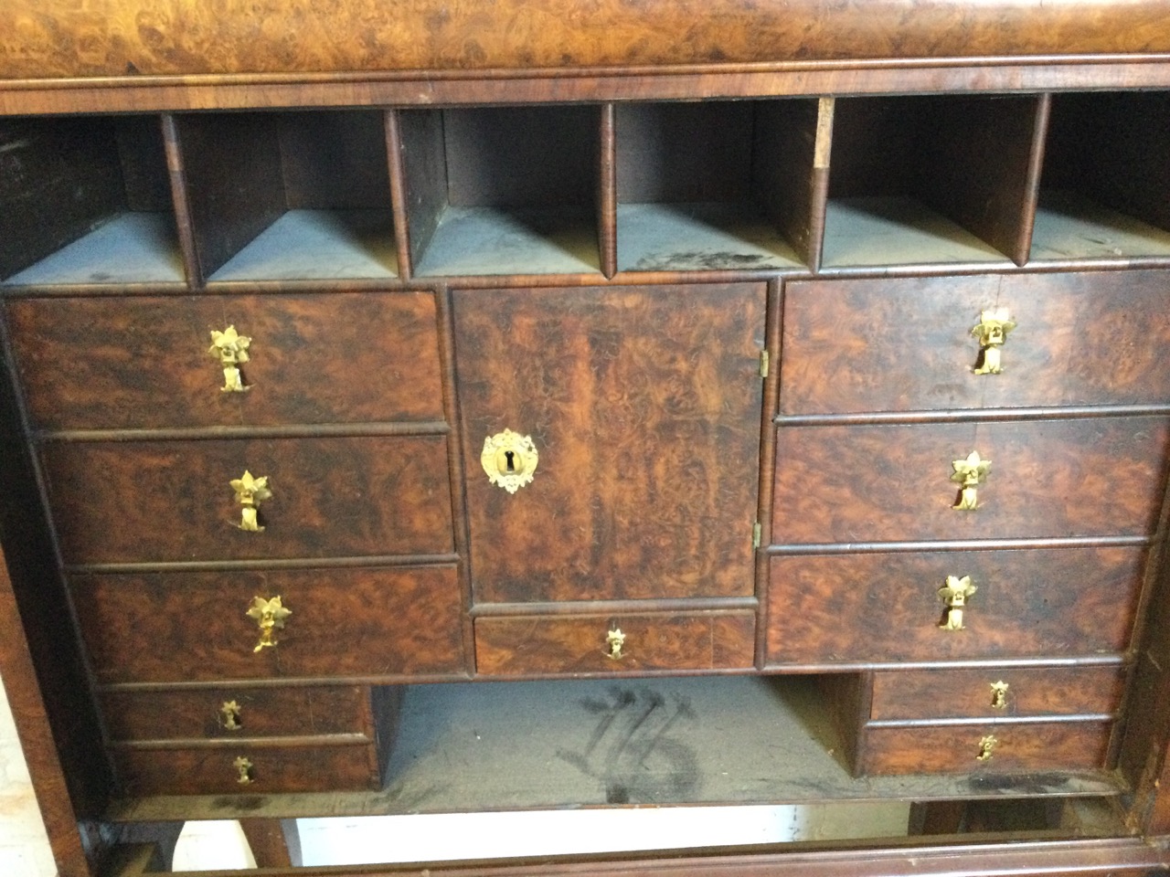 A walnut cabinet on stand having long cushion moulded frieze drawer above pigeonholes and drawers - Image 4 of 4