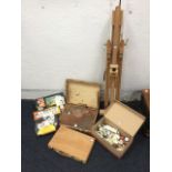 Miscellaneous artist materials including a Daler/Rowney telescopic easel, oil & acrylic paints,
