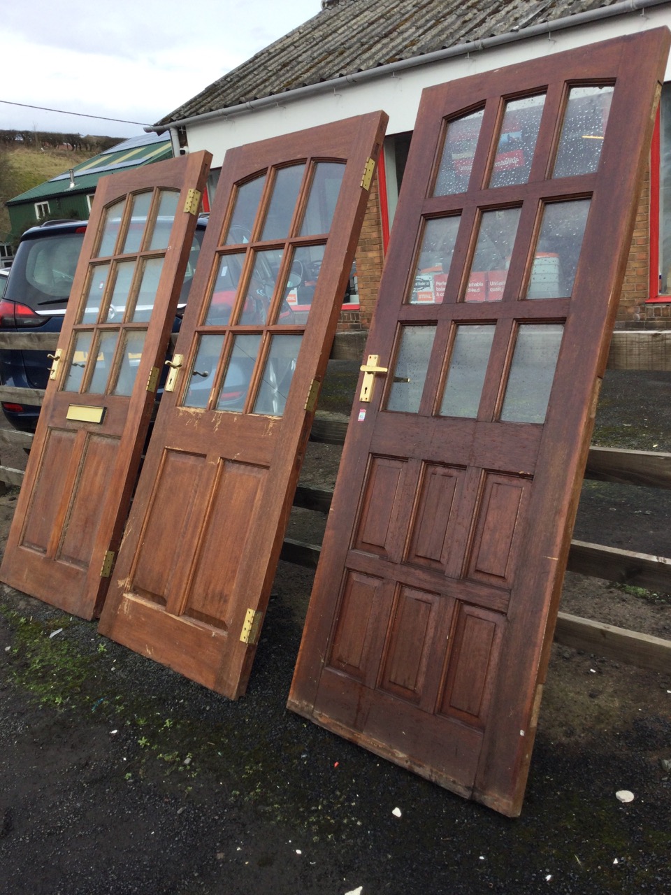 Three glazed hardwood doors, each with nine panes and fielded panels, all mounted with brass 5-lever - Image 2 of 3