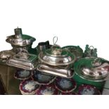 Miscellaneous silver plate including bowls, an Elkington four-piece cruet set on stand, a shell
