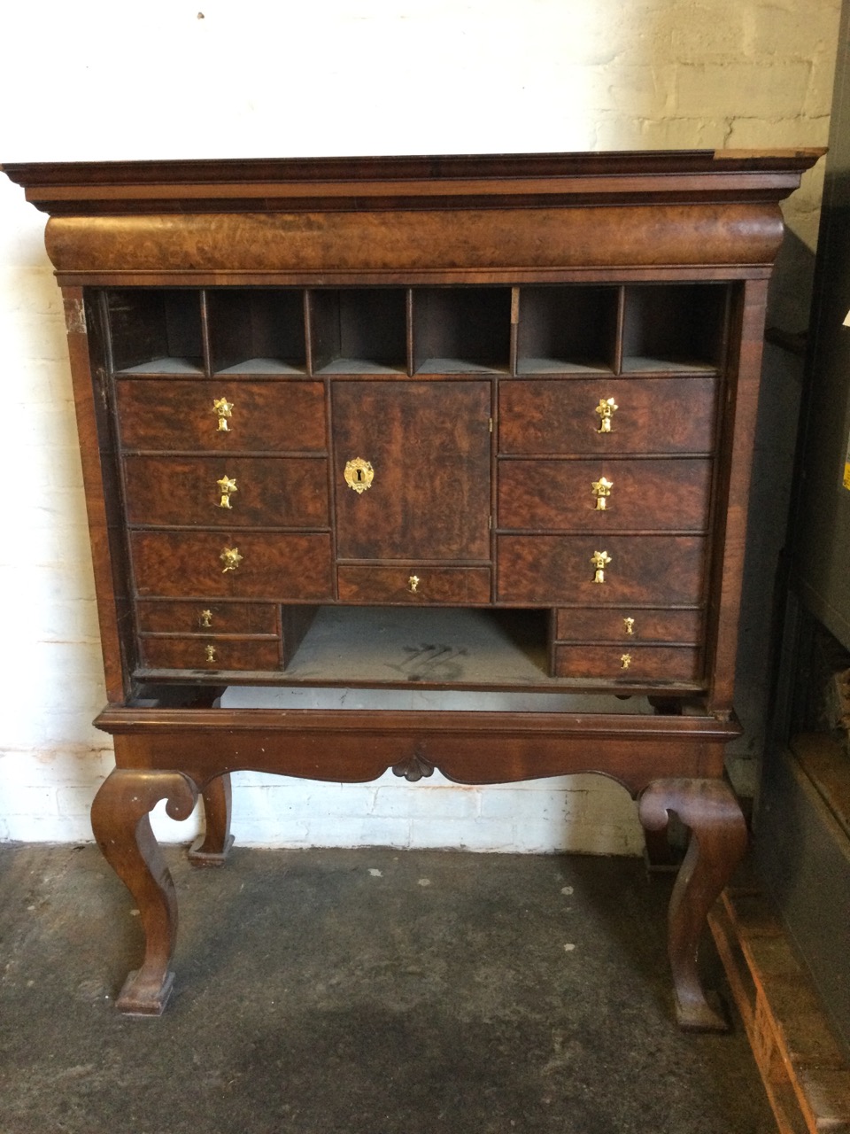 A walnut cabinet on stand having long cushion moulded frieze drawer above pigeonholes and drawers - Image 2 of 4