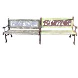 A childs garden bench with jungle animals to cast iron back panel above a slatted seat, on