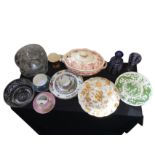 Miscellaneous ceramics & glass including a Victorian moustache cup & saucer, a Crown Devon enamelled