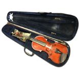 A cased Mayflower full-size violin with chin-rest, rosin, etc; and a Primavera bow. (A lot)