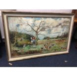 F Ronagaso, oil on canvas, landscape hunt in the field with hounds, signed & framed. (49.25in x 30.