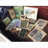 A box of miscellaneous framed prints, watercolours, etc., including a pair of Paris scenes, a signed