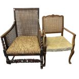A caned oak berger armchair with tapestry seat and barley twist colums, the bobbin turned legs
