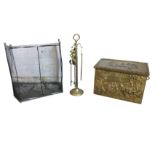 A rectangular embossed brass coalbox; a set of brass firetools on column stand; and a brass framed