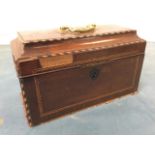 A George III mahogany tea caddy, the moulded top inlaid with chequered and chevron boxwood & ebony