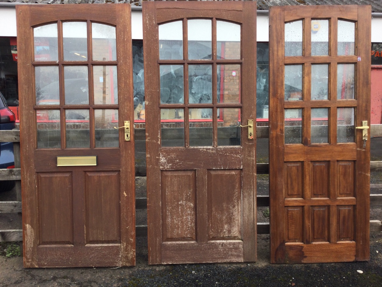 Three glazed hardwood doors, each with nine panes and fielded panels, all mounted with brass 5-lever - Image 3 of 3