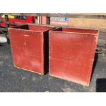 A pair of rectangular riveted mill bins with hand-holes to sides raised on casters. (24in x 20.