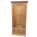 A pine wardrobe with moulded cornice above a fielded panelled door; enclosing hanging space, with
