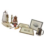 Miscellaneous items including a pair of Victorian brass candlesticks, three framed handcoloured