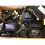 A box of miscellaneous cameras including a Sony handycam, Minolta, Kodak, some cased, lenses,