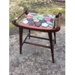 An eastern style mahogany stool inlaid with boxwood stringing, with hooky type upholstered seat on