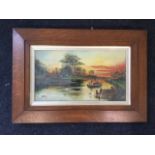 EG Hall, oil on canvas, twighlight river landscape with barge on water, signed and dated 1909, oak