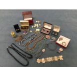 Miscellaneous jewellery including cufflinks, studs, bead necklaces, a nurses watch, bracelets,