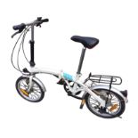 A folding bike with small wheels having Shimano gears, Sparkle brakes, padded seat, luggage rack,