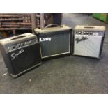 Three guitar practice amplifiers by Fender, Lacey & Squire - all with power leads, and approx 20/