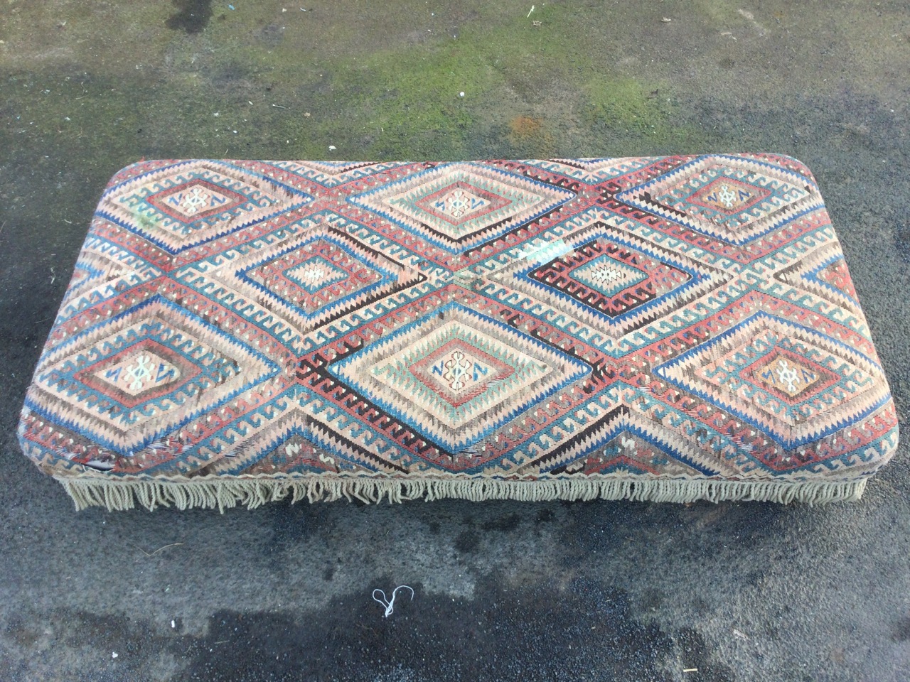 A large kilim covered ottoman stool, the antique weaving with hooked lozenge panels above a - Image 4 of 4