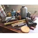 Miscellaneous collectors items including a stationary stamp, a pair of binoculars, a bamboo flute,