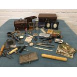 Miscellaneous items including treen, a hallmarked silver frame, a miniature bible, a sewing case,