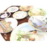 Four Doulton seriesware wall plates; a large scalloped platter handpainted with robins; and three