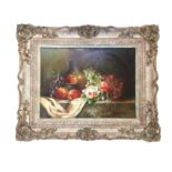 Jacq Kilner, oil on board, still life, jug & bowl with flowers & grapes on shelf, signed, in painted