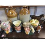 Two salt glazed stoneware flagons - one Domestos; three Royal Doulton character jugs - The Busker,