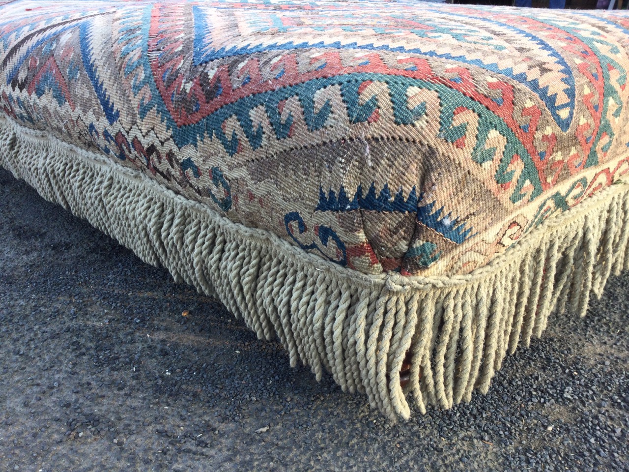 A large kilim covered ottoman stool, the antique weaving with hooked lozenge panels above a - Image 3 of 4