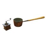 A large Victorian copper pan with V-shaped spout, having later angled turned handle; and a square