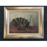 M Weber, oil on board, still life with vase, fan & ornament on table, signed, mounted and in