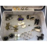 A box of miscellaneous cufflinks, earrings, some hallmarked silver, a pair of 9ct gold opal ear