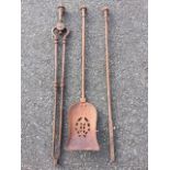 A set of nineteen century steel fire irons with knob terminals - shovel, poker & tongs. (27in) (3)