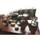 Miscellaneous metalware including three carbide lamps, a hammered pewter jam jar & cover, old tins