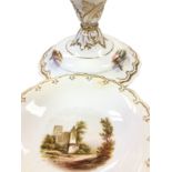 A late Victorian Minton comport painted with bucolic landscape vignettes, the column moulded &