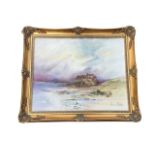 Nancie Forster, oil on board, Bamburgh Castle, titled to verso Storm Gathering, gilt framed. (19.5in