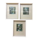 A set of three 50s handcoloured etchings of Bruges, the plates signed indistinctly in pencil on