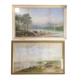 Warnewright, coloured print, a pair, cattle & sheep watering in lake landscape, signed in print,