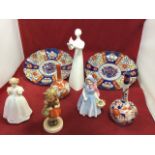 Three Royal Doulton figurines - Wendy, Peace & Catherine; a Hummel girl; a pair of Imari scalloped