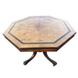 An octagonal Victorian walnut breakfast table, the moulded top crossbanded in ebony having frieze